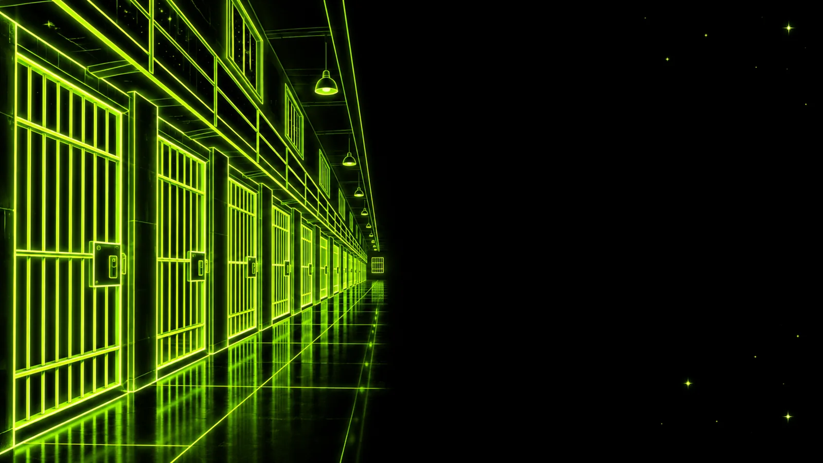 A neon cell block corridor
